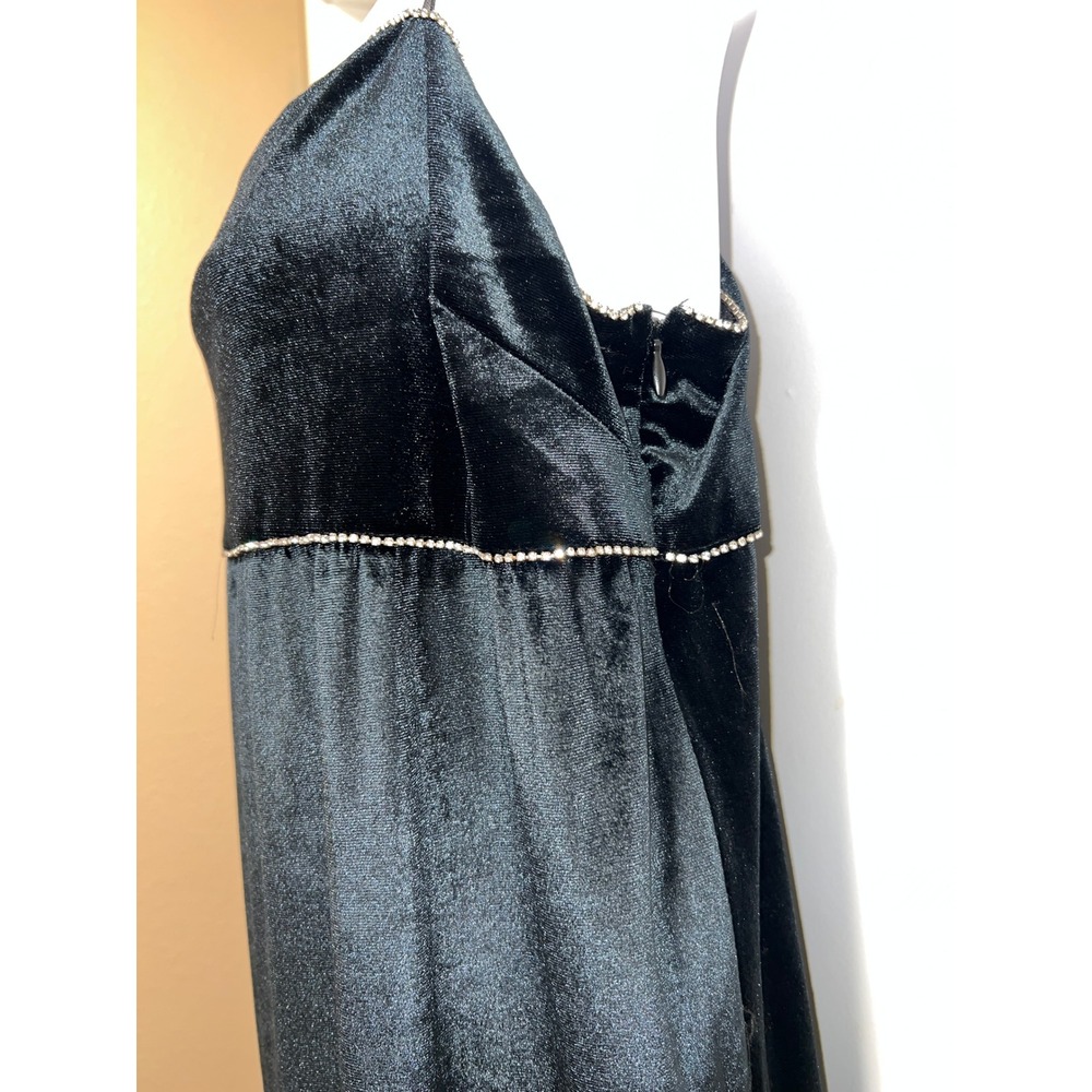 Y2K Whimsigoth Urban Outfitters Black Velvet Mini Dress Rhinestone Trim Size L - Picture 6 of 8